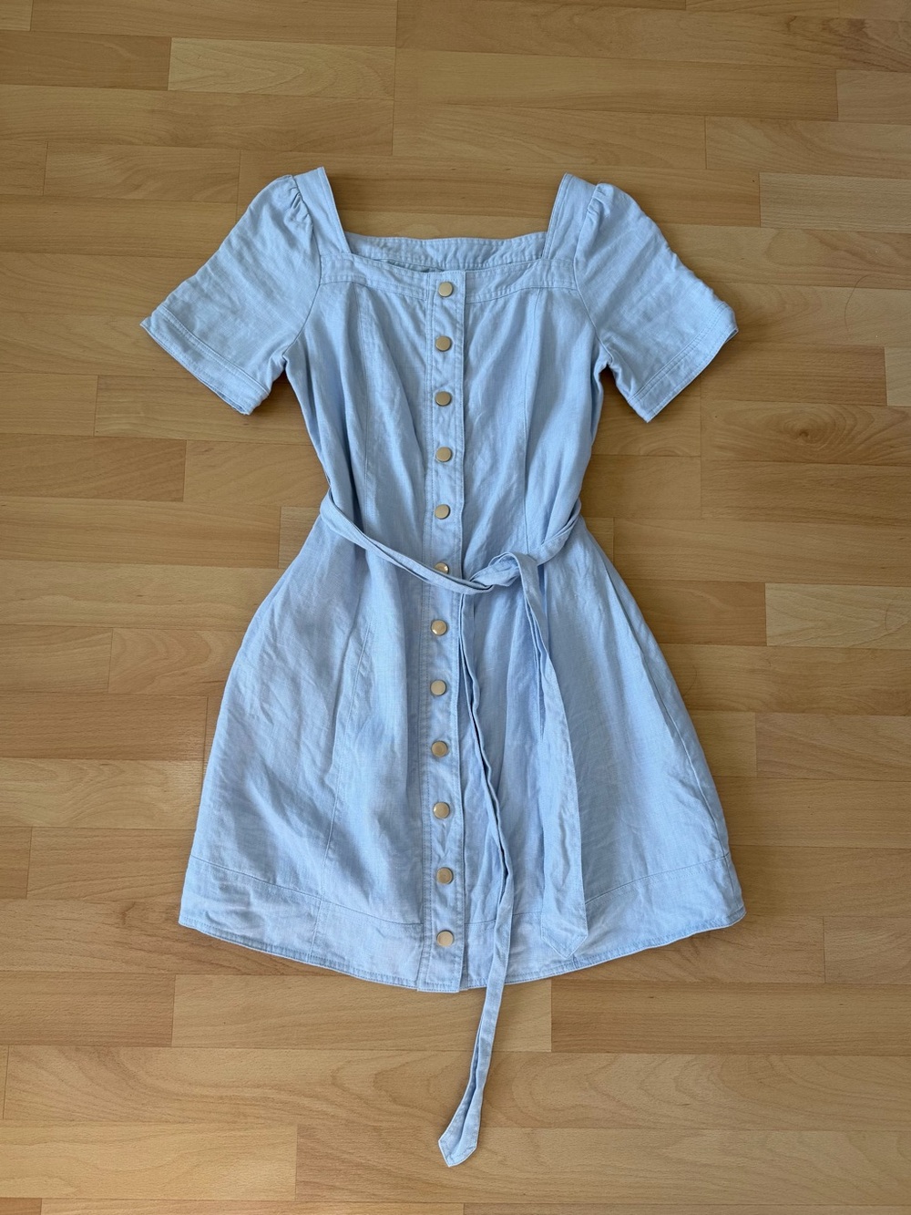 Women’s Light Blue Linen Button-Down Mini Dress with Belt And Pockets Size S